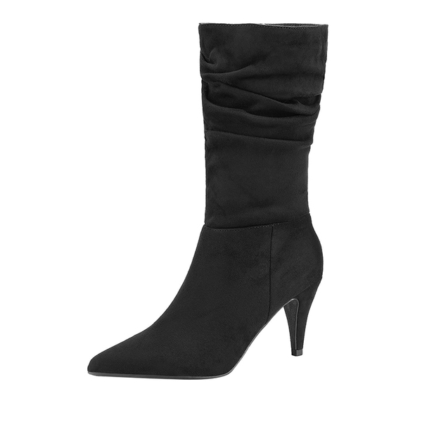 Mid Calf High Heel Boots - BLACK SUEDE -  0